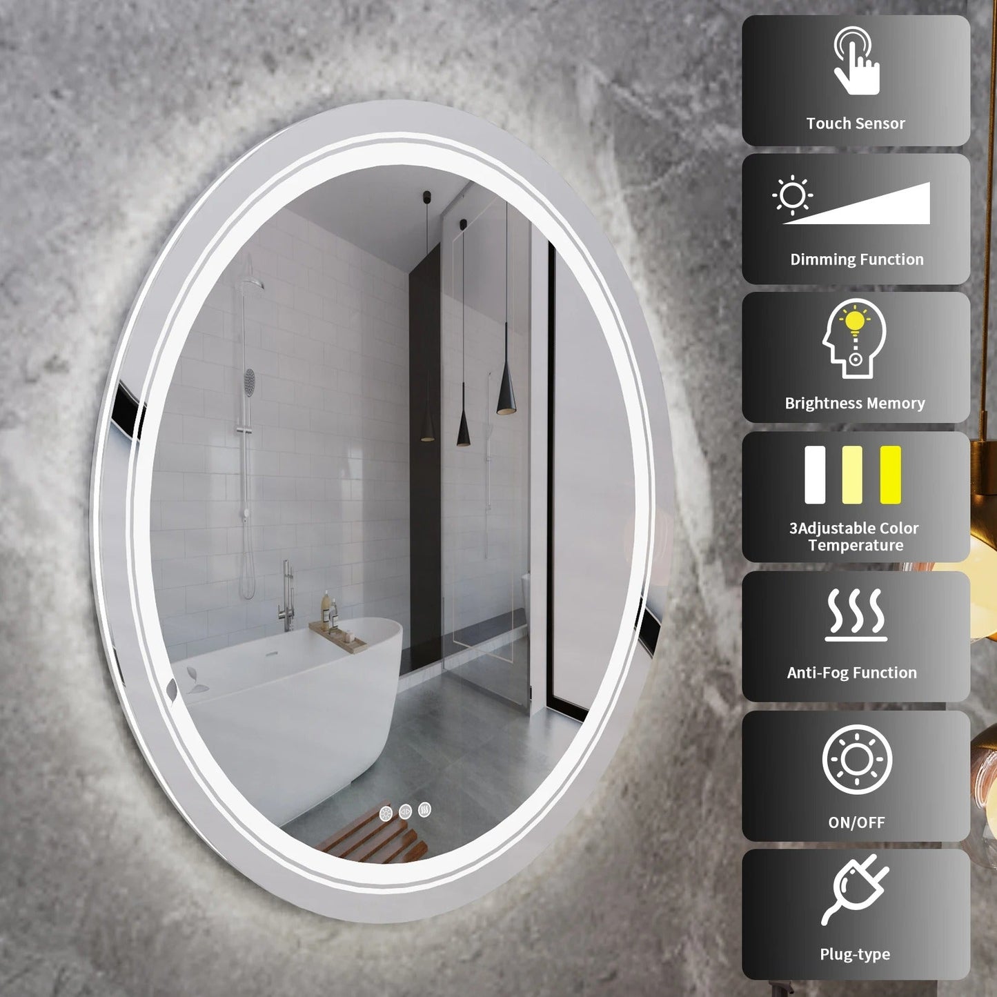 Double Light OVAL LED Illuminated Mirror Bathroom Makeup Mirror with Dimmable