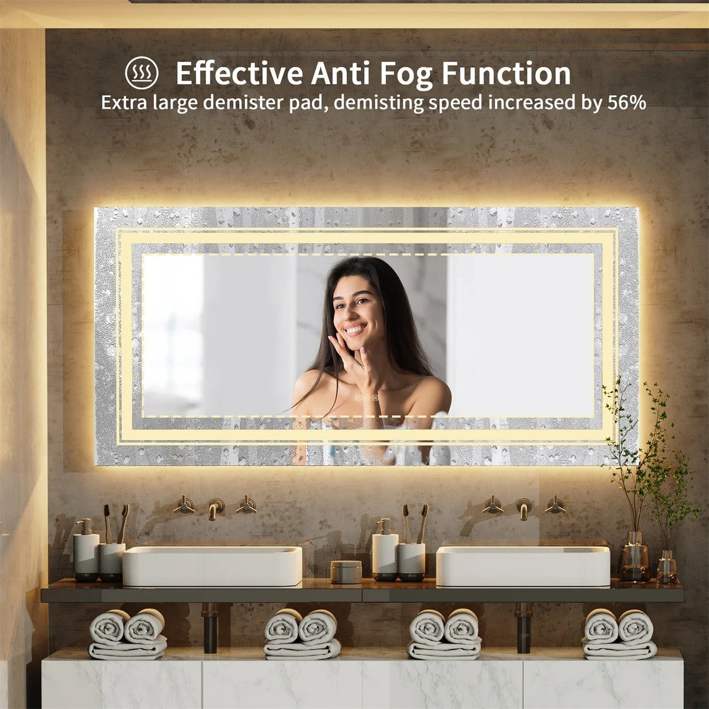 Large Rectangle Double Lights LED Bathroom Mirror Illuminated Dimmable Vanity Mirror with Anti-Fog, 3 Color