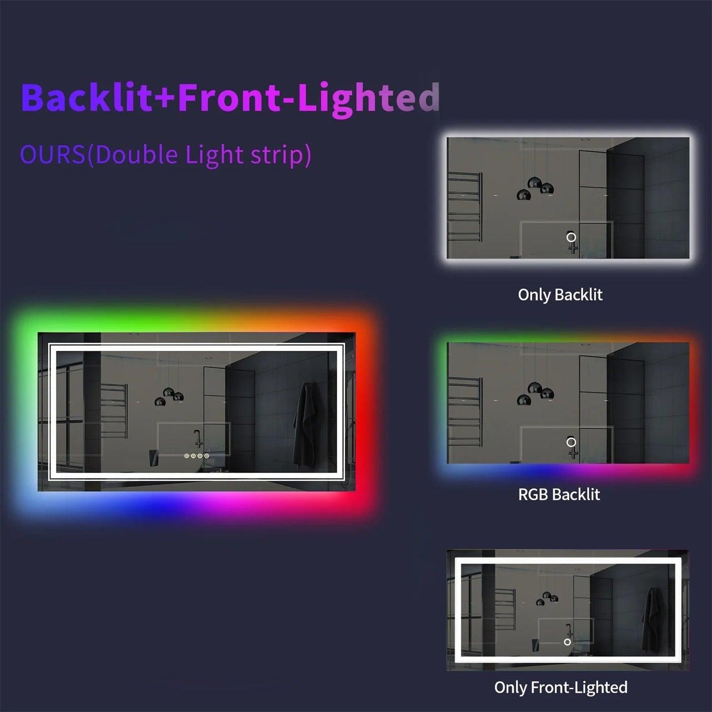 Rectangle Glitzy RGB Double Light LED Bathroom Mirror RGB Color Changing Backlight, Dimmable, Anti-Fog, and Shatterproof