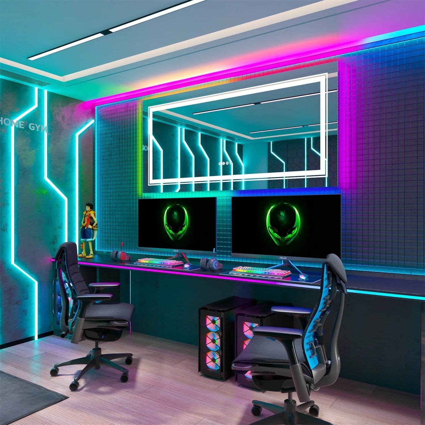 Rectangle Glitzy RGB Double Light LED Bathroom Mirror RGB Color Changing Backlight, Dimmable, Anti-Fog, and Shatterproof
