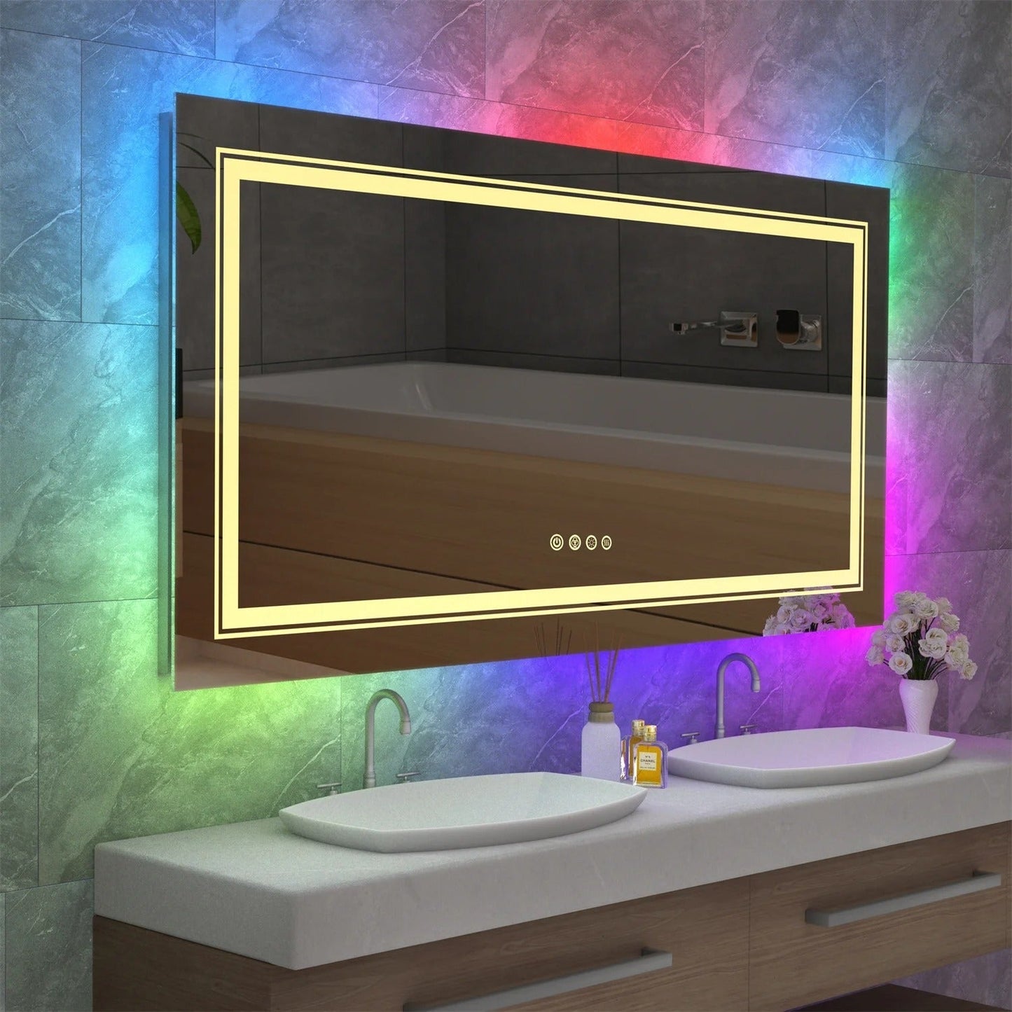 Rectangle Glitzy RGB Double Light LED Bathroom Mirror RGB Color Changing Backlight, Dimmable, Anti-Fog, and Shatterproof