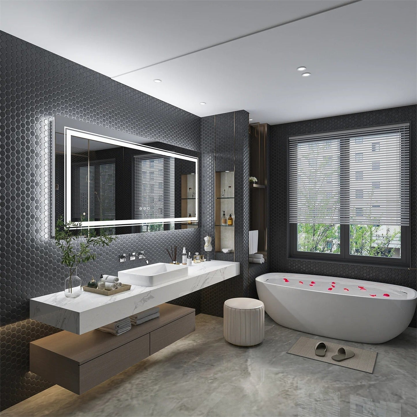 Large Rectangle Double Lights LED Bathroom Mirror Illuminated Dimmable Vanity Mirror with Anti-Fog, 3 Color