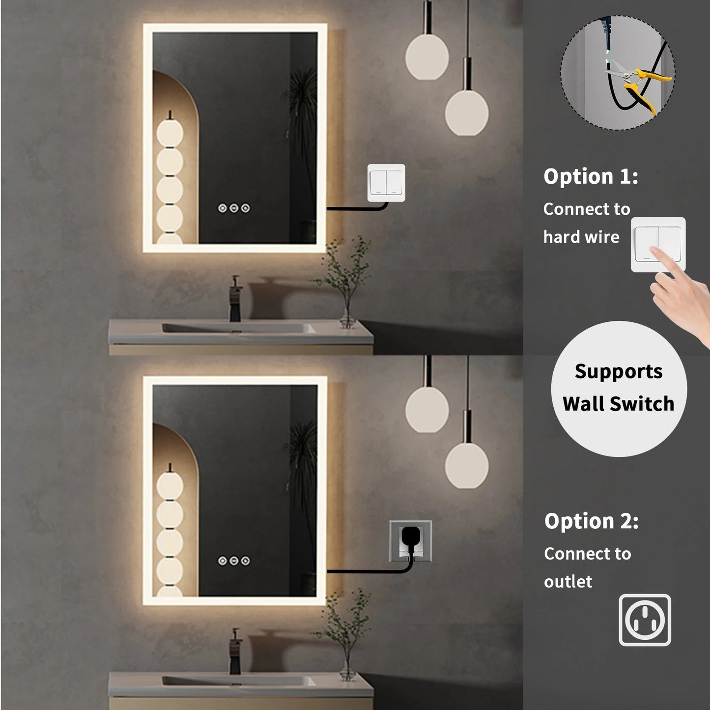 40x50cm Front light LED Bathroom Mirror with Anti-Fog, Wall Mounted Vanity Mirror with Smart Touch Button, Memory Function