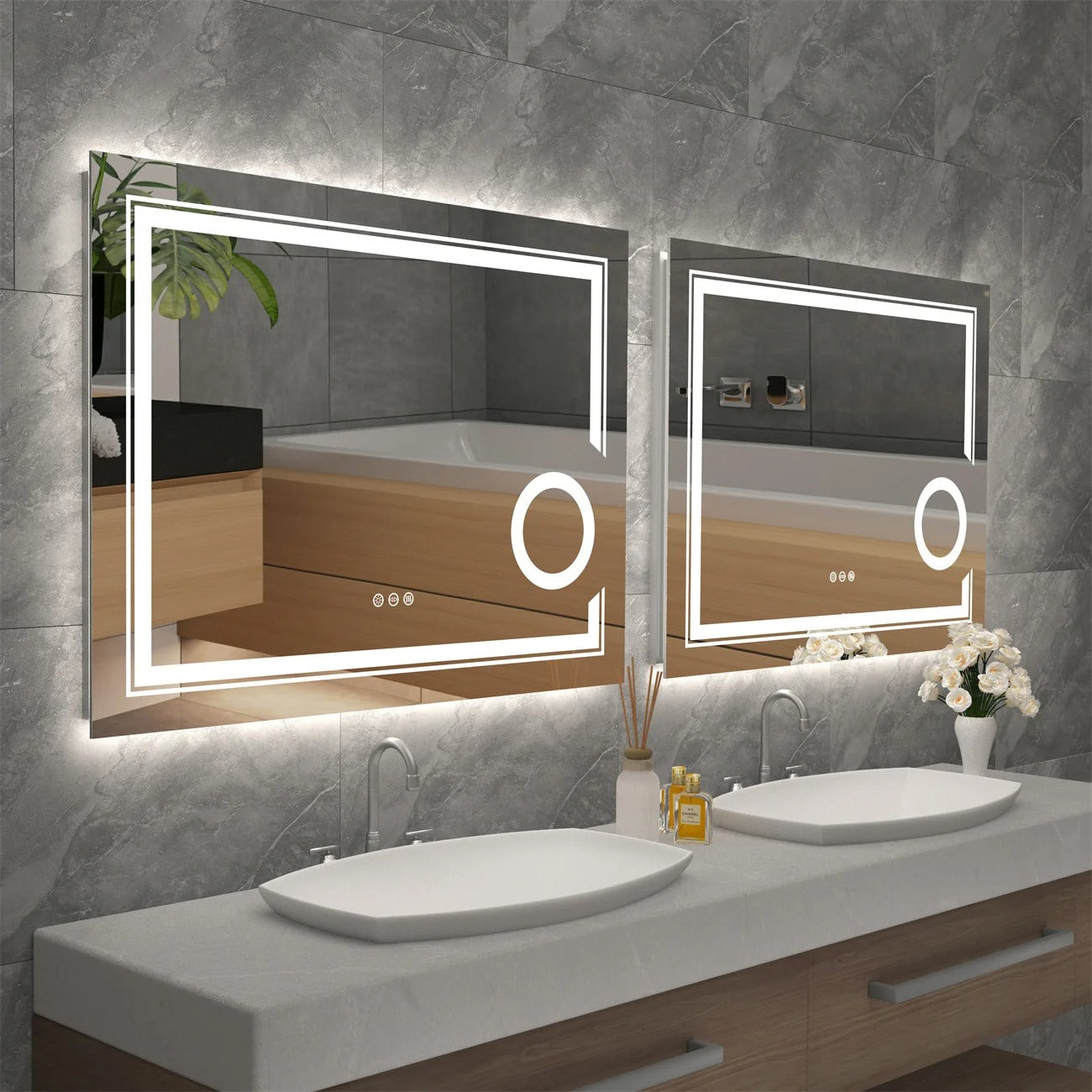 Double lights Smart LED Rectangle Bathroom Mirror with 3X Magnifier