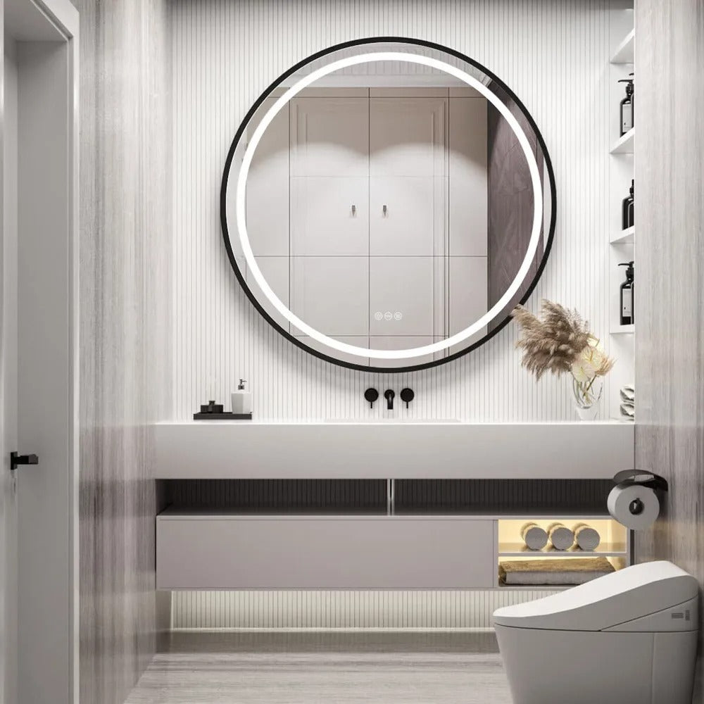 Black Frame Round Bathroom Mirrorwith Front Light, Anti-Fog & Dimmable Touch Switch