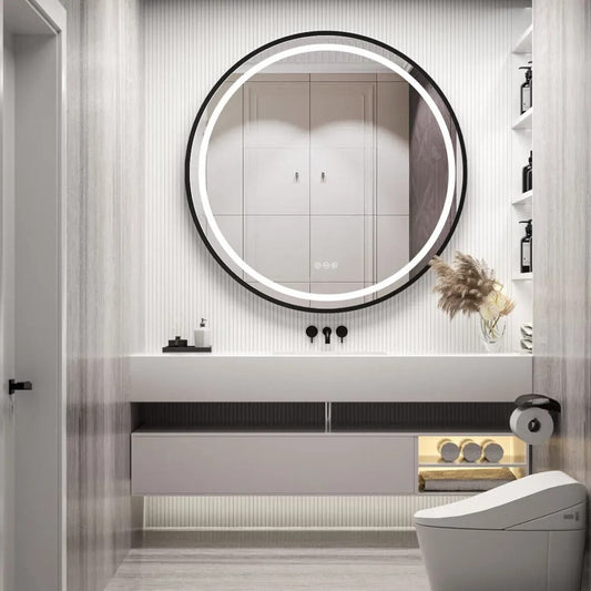 Black Frame Round Bathroom Mirrorwith Front Light, Anti-Fog & Dimmable Touch Switch