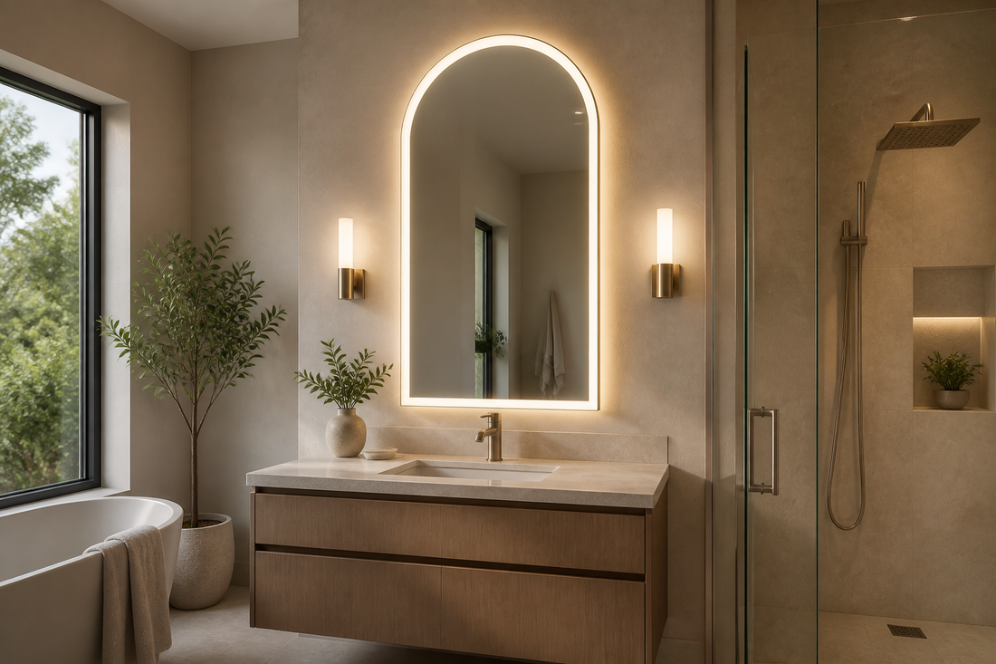 Arched LED bathroom mirror in a modern bathroom