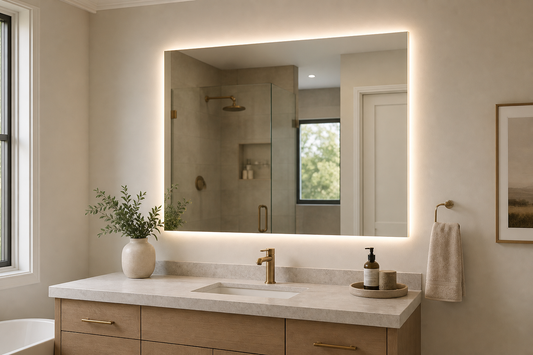 Backlit bathroom mirror above a modern vanity