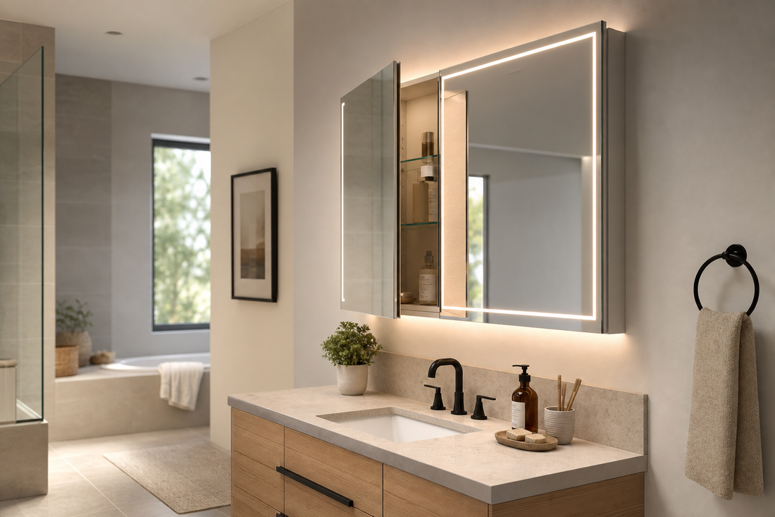 Bathroom mirror cabinet with lights above a vanity