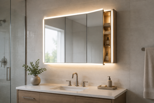 Bathroom mirror cabinet with lights sized above a vanity