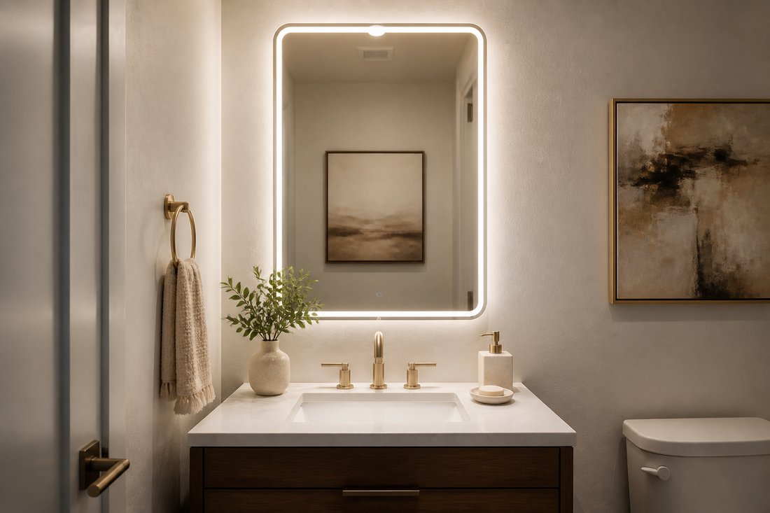 LED mirror in a small powder room