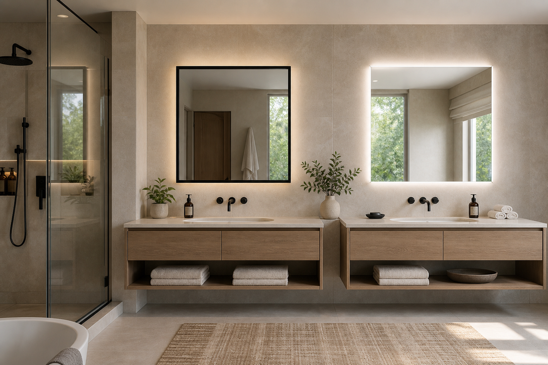 Black frame LED bathroom mirror compared with frameless LED mirror