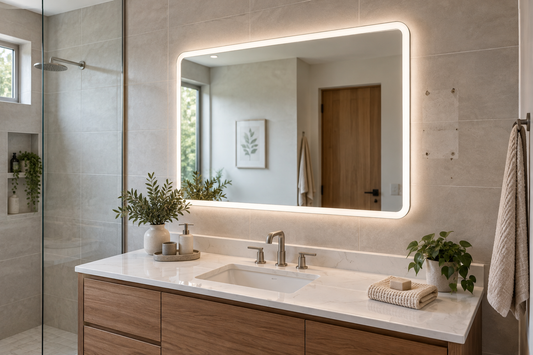 LED mirror hiding old fixing holes on bathroom tile