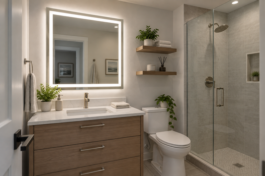 LED mirror replacing vanity lights in a small bathroom