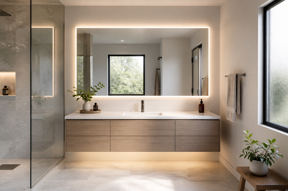 Large LED mirror making a small bathroom feel bigger