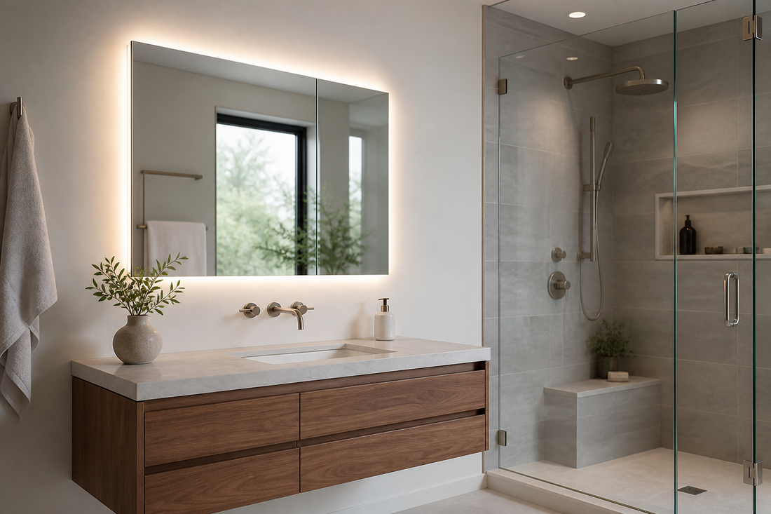 LED mirror near a shower enclosure in a U.S. bathroom
