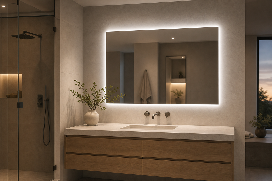 Dimmable LED bathroom mirror in a U.S. home