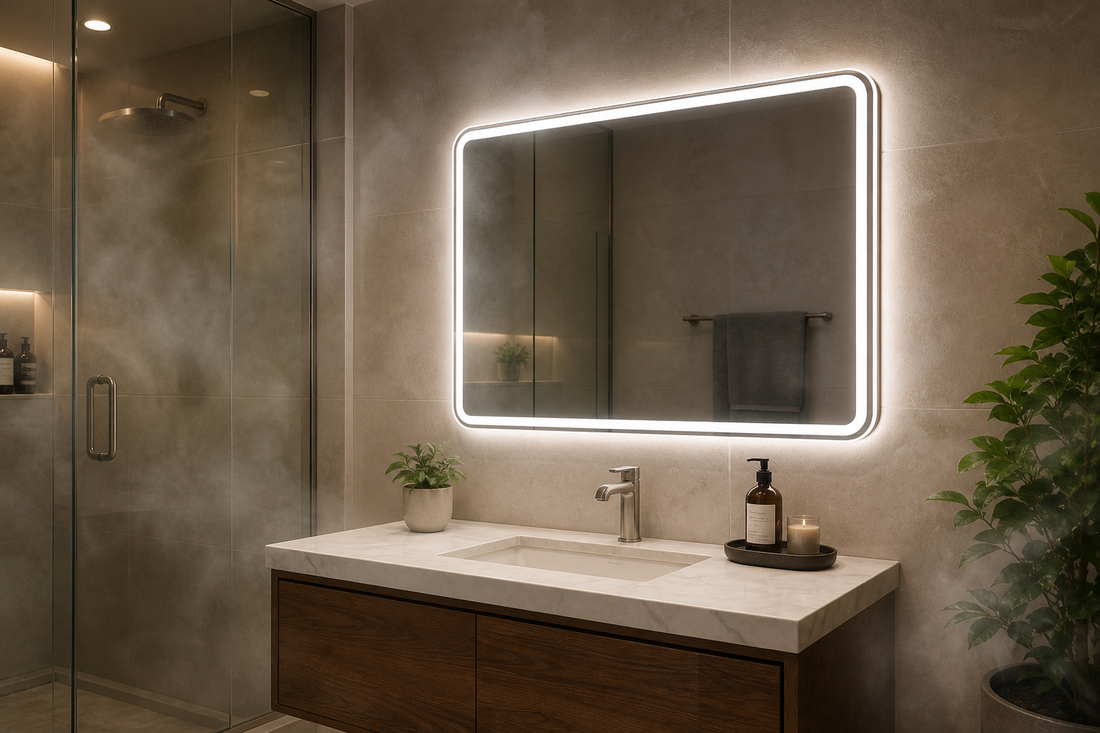 Anti-fog LED mirror in a windowless bathroom