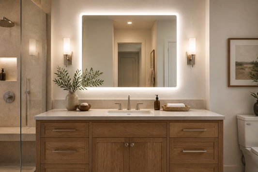 LED bathroom mirror mounted above a vanity
