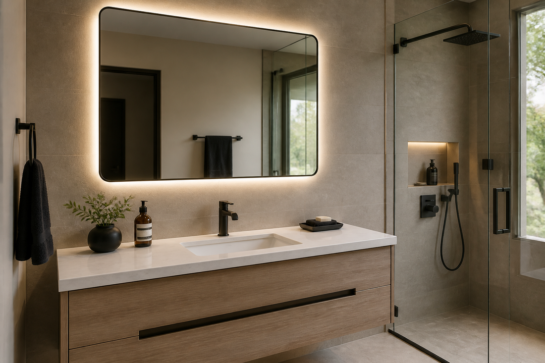 LED mirror paired with black bathroom fixtures