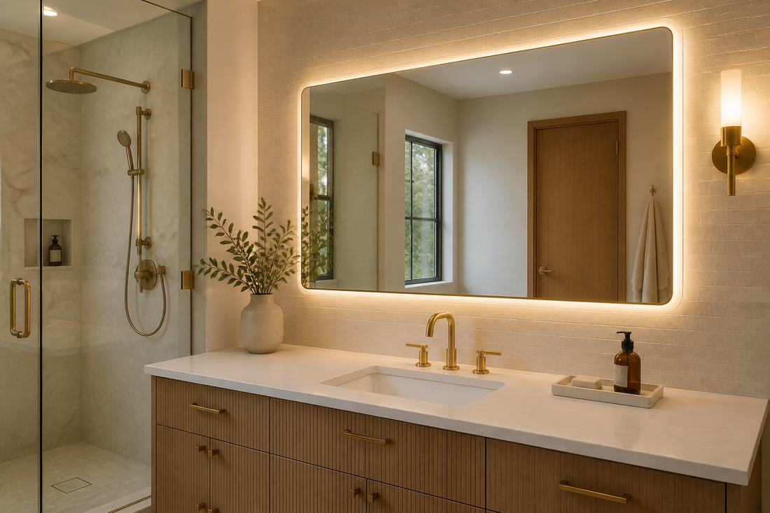 LED mirror paired with brass bathroom fixtures