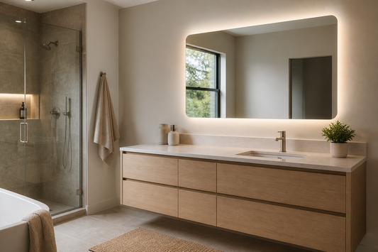 LED mirror above an offset sink vanity