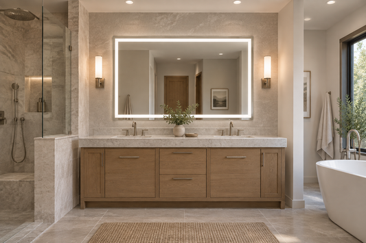 LED mirror light layered with bathroom wall lights