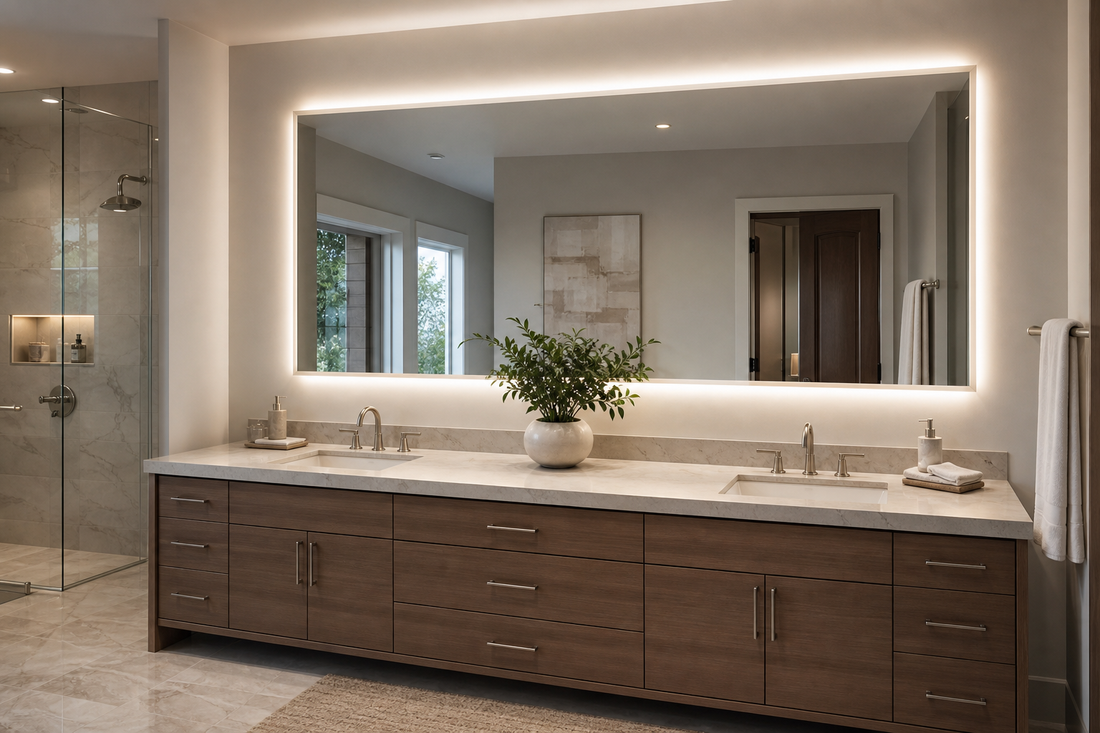 Large LED bathroom mirror in a primary bathroom