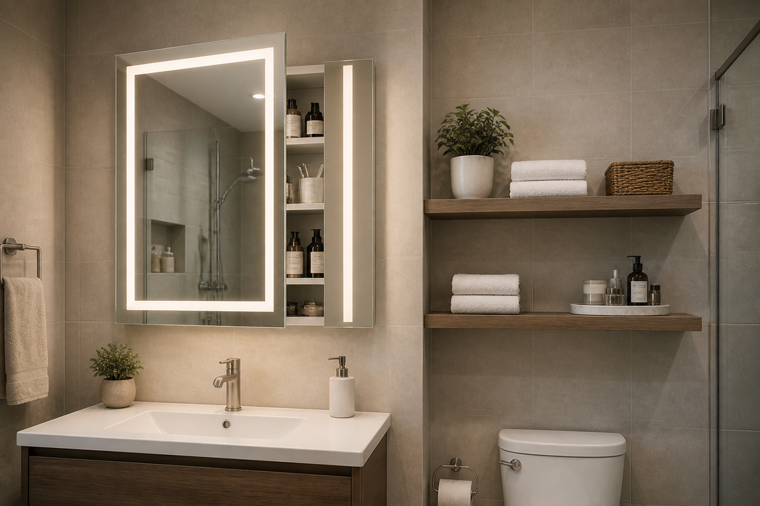 LED mirror cabinet versus open shelving