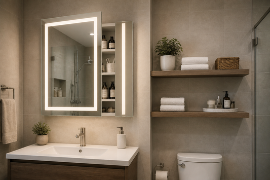 LED mirror cabinet versus open shelving