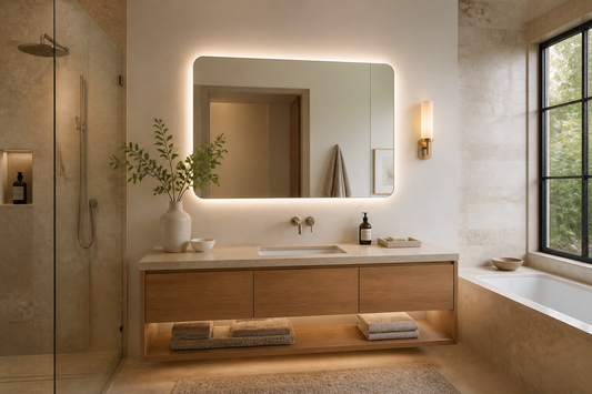 LED mirror in a beige stone bathroom