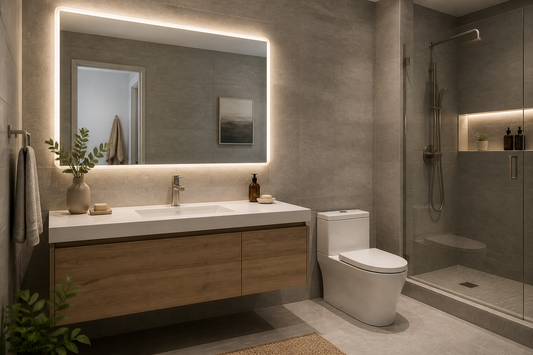 LED mirror in a gray bathroom