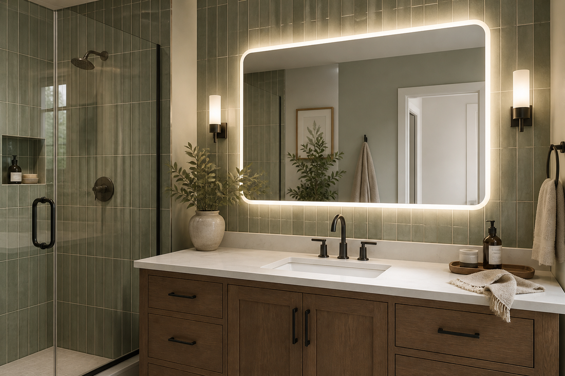 LED mirror in a green bathroom
