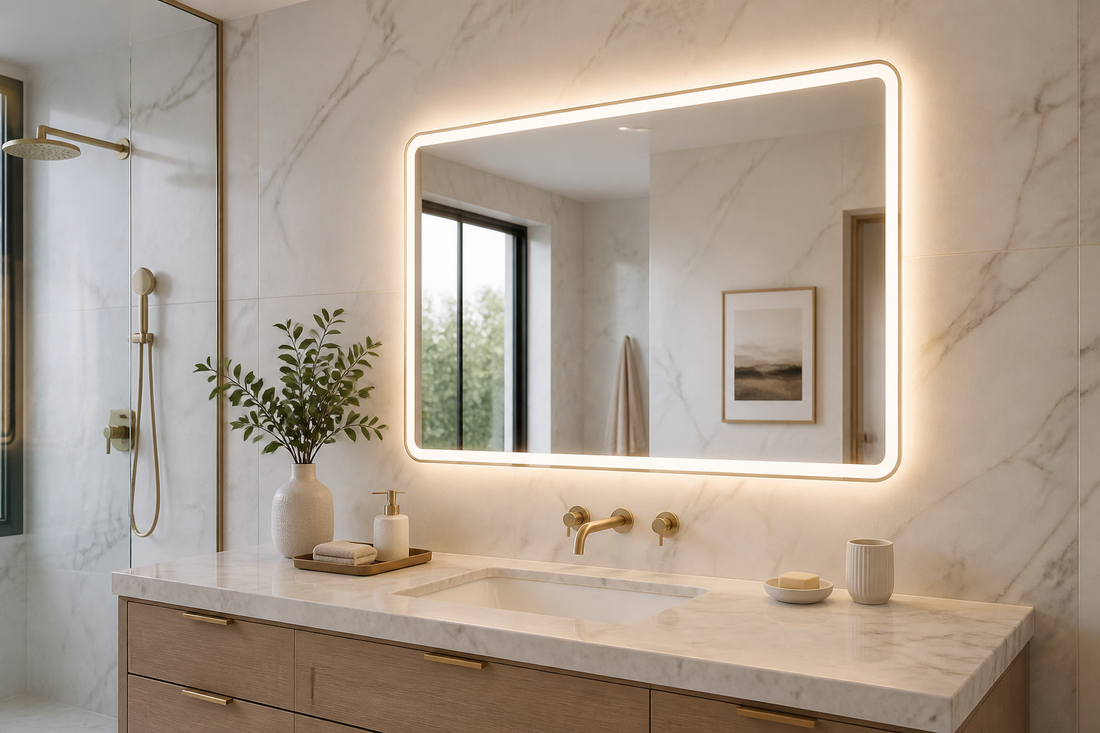 LED mirror in a marble bathroom