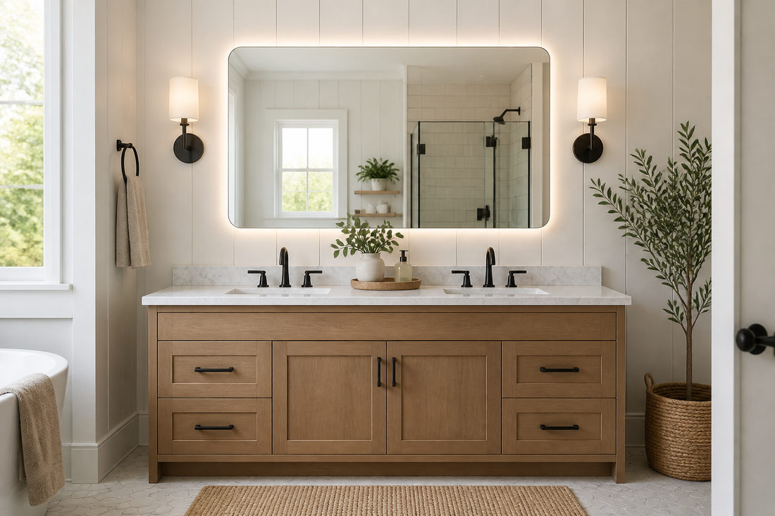 Lighted bathroom mirror in a modern farmhouse bathroom