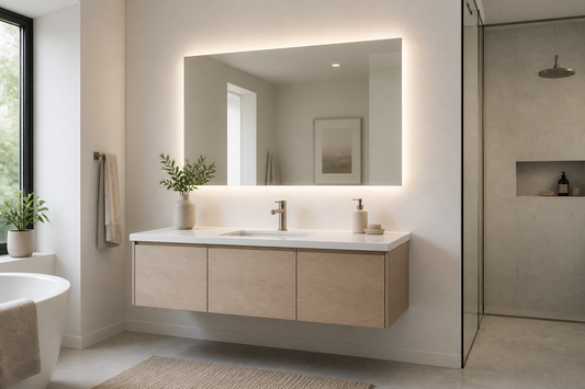 Minimalist bathroom mirror with lights above a floating vanity