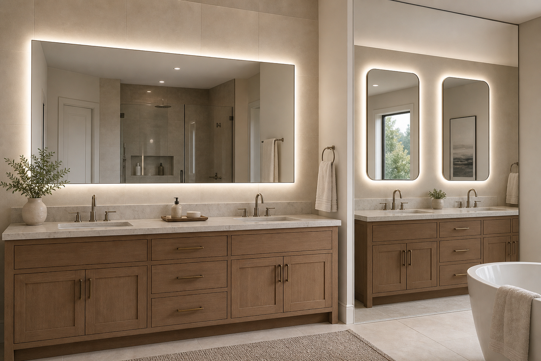 One wide LED mirror versus two mirrors above a 72-inch double vanity