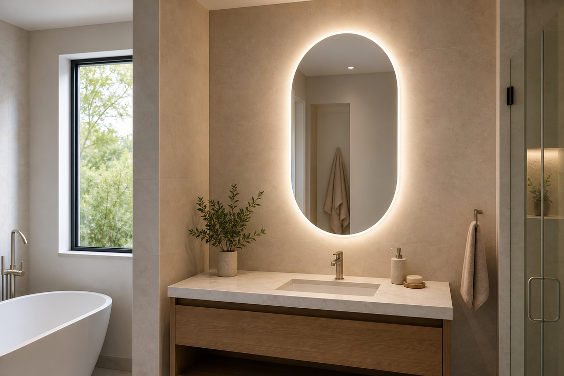 Oval LED bathroom mirror above a slim vanity