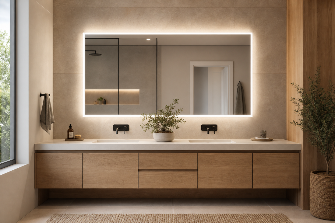 Rectangle LED bathroom mirror above a wide vanity