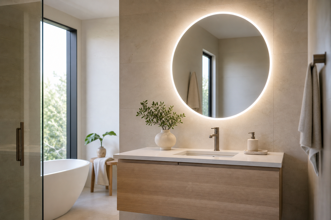 Round LED bathroom mirror above a vanity