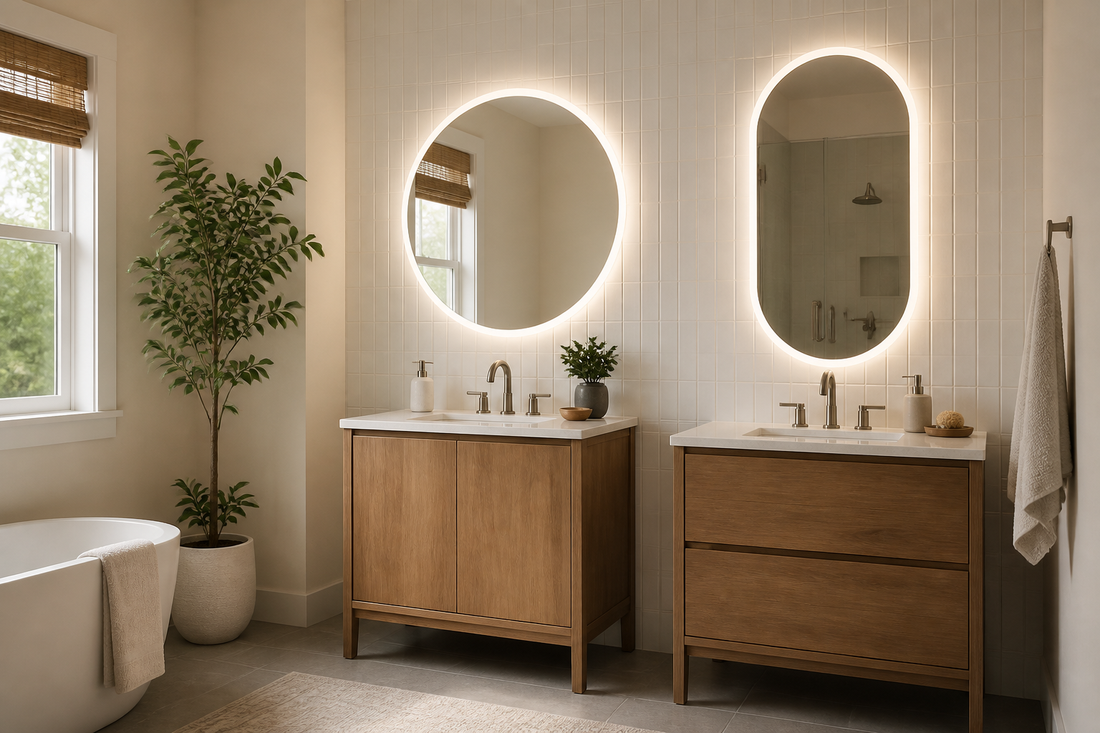 Round and oval LED mirrors in a small bathroom