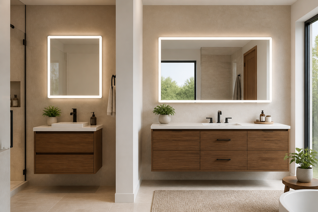 Square and rectangle LED bathroom mirrors compared above bathroom vanities