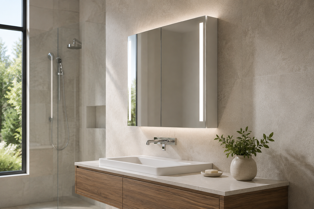 LED medicine cabinet depth above a vanity