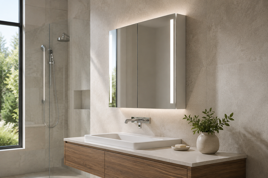 LED medicine cabinet depth above a vanity