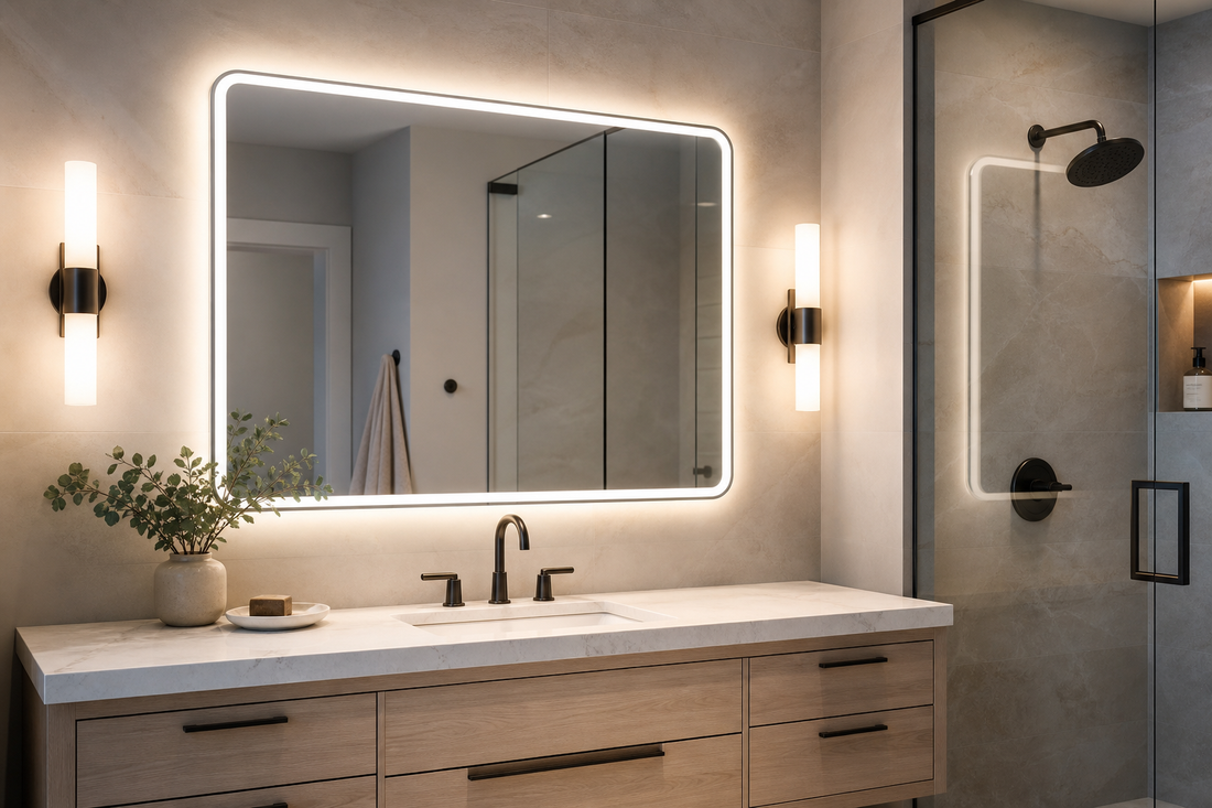 Damp-rated LED bathroom mirror in a modern bathroom