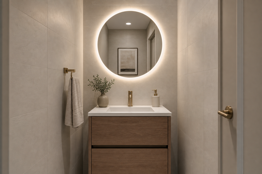 LED bathroom mirror above a 24-inch powder room vanity