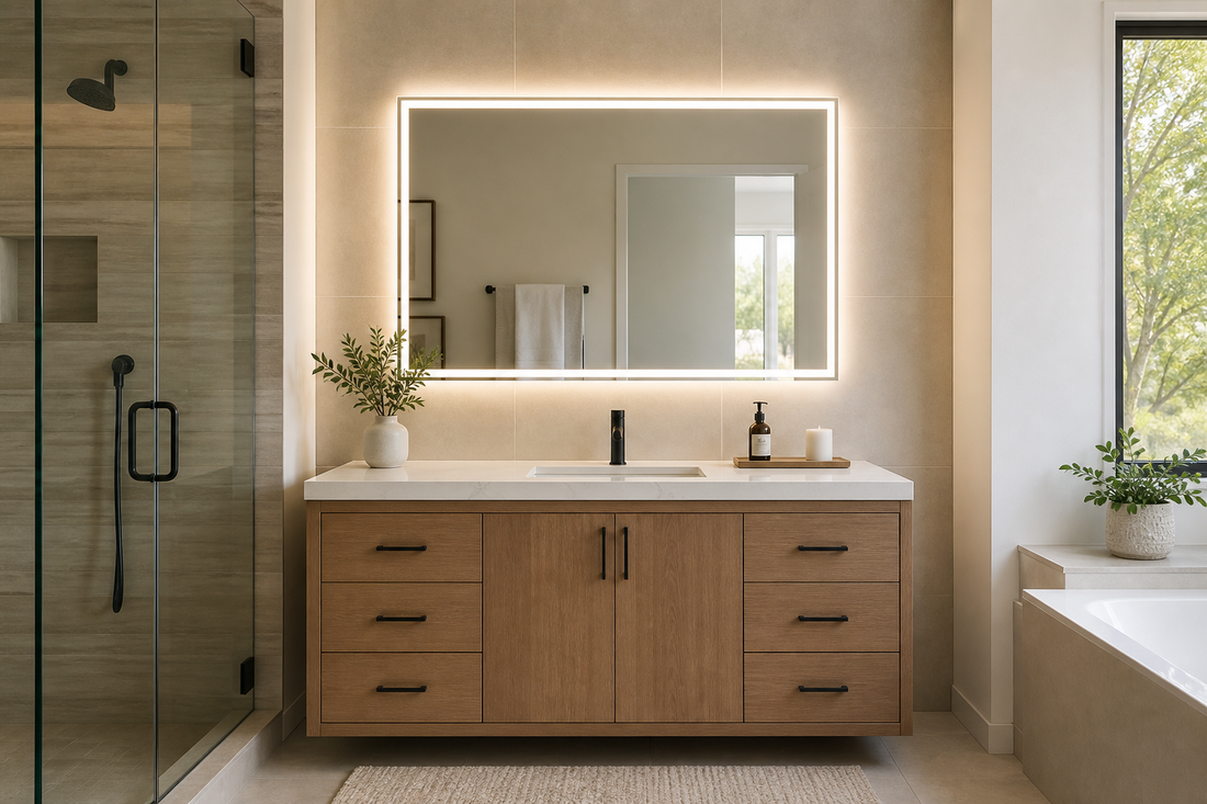 LED mirror sized for a 54-inch bathroom vanity