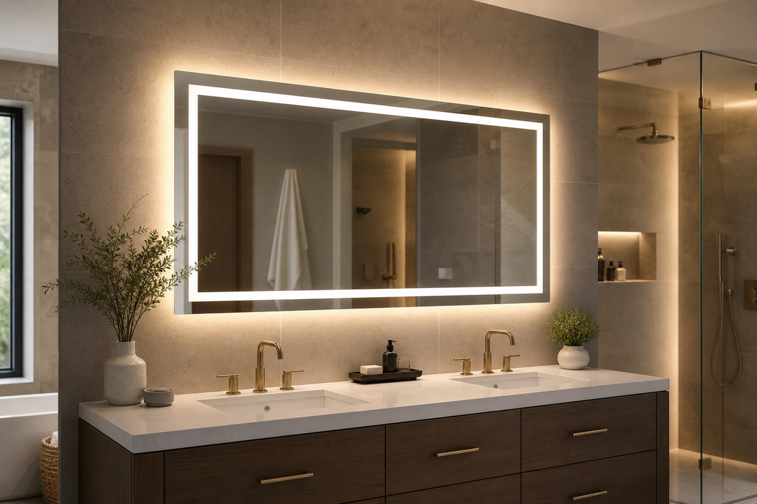Double-lit LED bathroom mirror in a modern bathroom