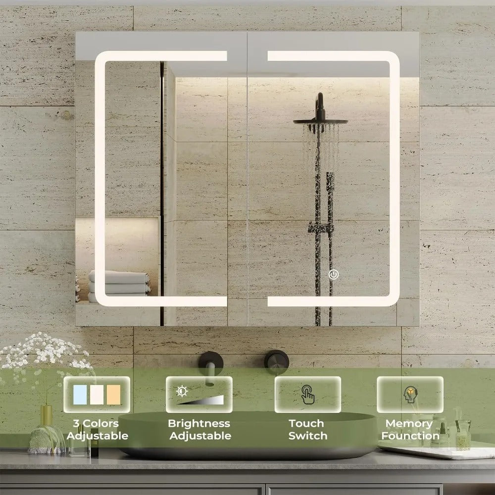 Wall-Mounted Bathroom Medicine Cabinet with LED Mirror – Double Doors, Storage Shelves, UC01