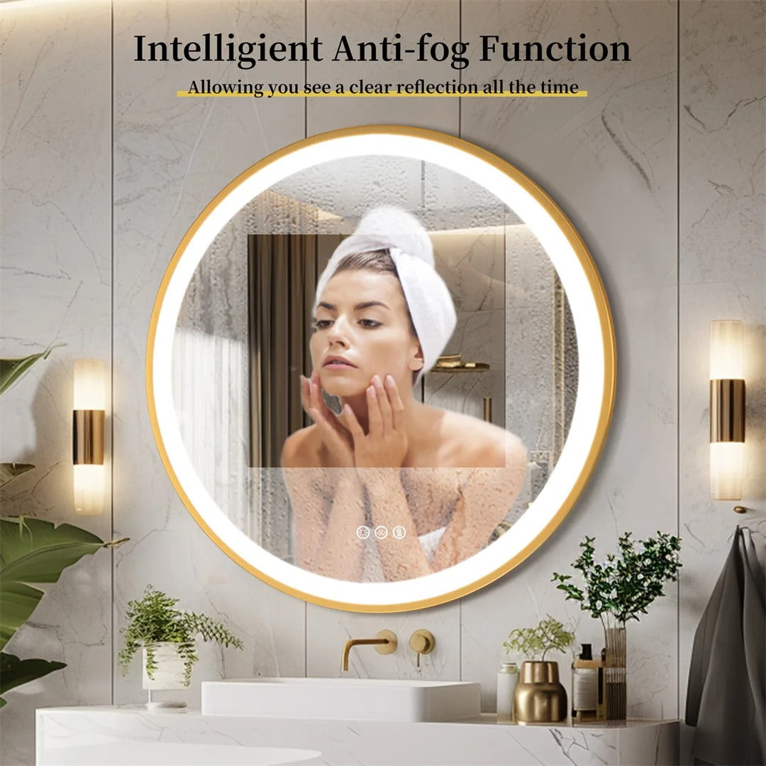 Golden Frame Round,Front Light LED Smart Bathroom Illumination Mirror, Wall Mounted, Anti-Fog